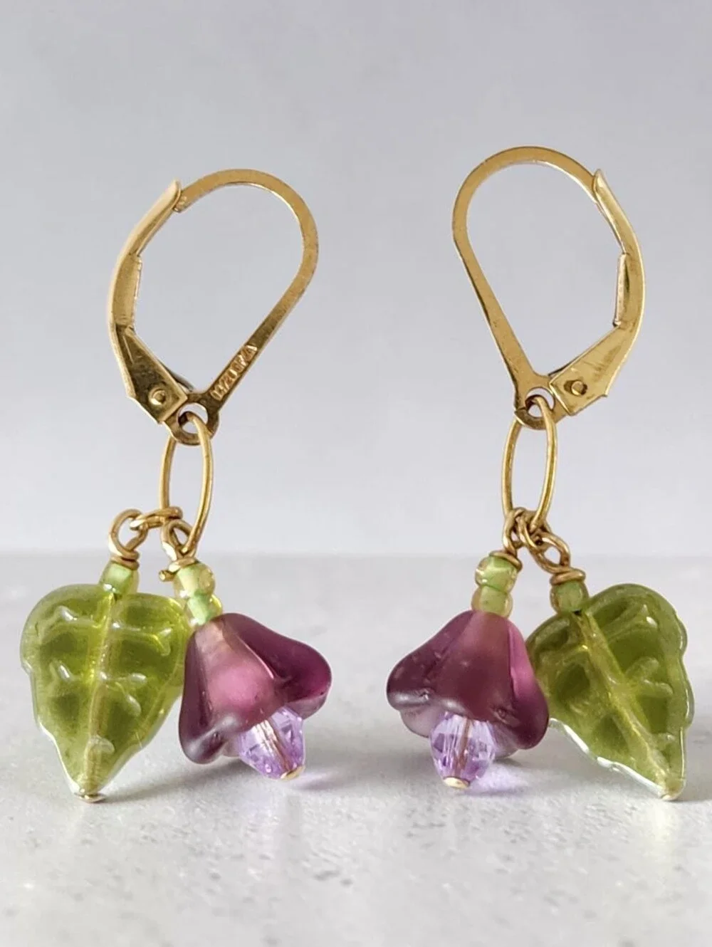 14K Gold Filled Earrings with Green Leaf and Purple Flower Dangle Glass Charms
